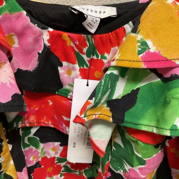 NWT Topshop Floral Bardot Mini Dress Cotton Blend Bold Ruffle Off Shoulder - Picture 6 of 7